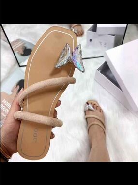 Private Label Beige Sandals with Iridescent Crystal Butterfly